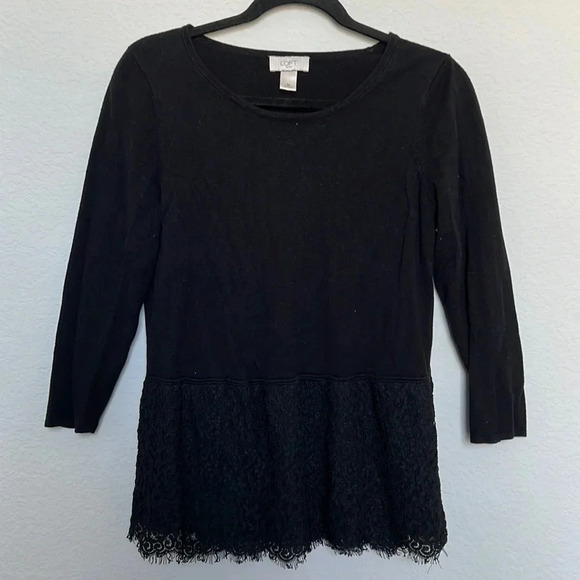 Loft Black 3/4 Sleeve Lace Bottom Shirt - Picture 1 of 5